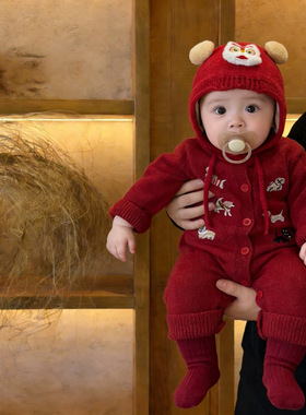 婴儿新年红色毛衣冬季小月龄宝宝洋气刺绣针织衫连体衣满月周岁服