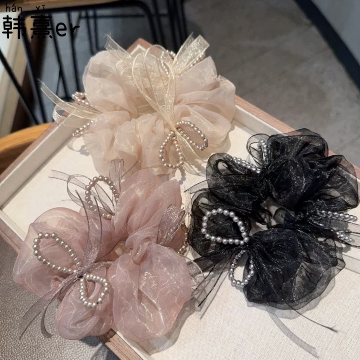 甜美高级感珍珠蝴蝶结发圈