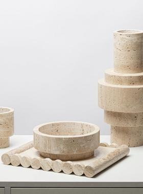 极简侘寂风黄洞石摆件餐桌烛台装饰品天然大理石花瓶花器托盘饰品