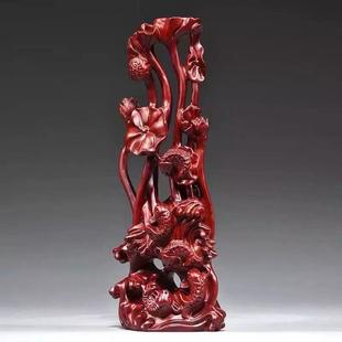 紅花梨木雕刻年年有魚(yú)根雕木家居客廳玄關(guān)擺件裝 飾工藝品喬遷送禮