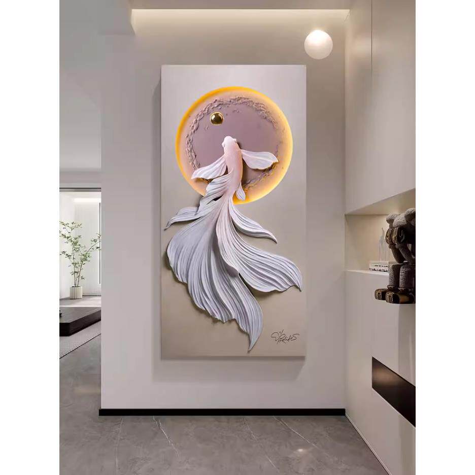 玄关九鱼图立体浮雕装饰画 画带灯简约现代轻奢高档入户走廊过道
