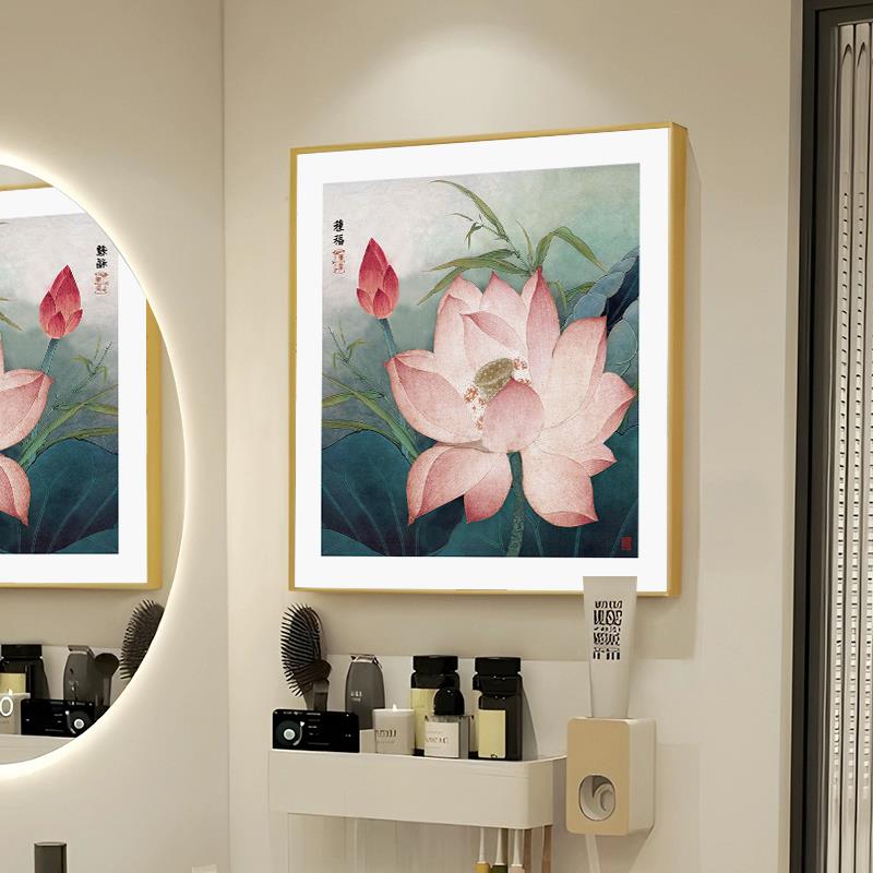 中式荷花卫生间防水挂画餐厅玄关工笔国画牡丹挡电表箱装饰画免钉图片