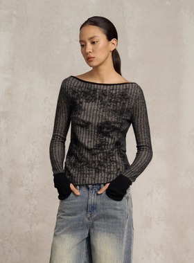 SoloForTwo 记忆影像毛衣 羊驼毛一字领拼接针织衫 人像印花上衣