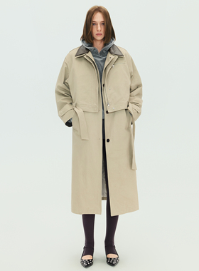 SoloForTwo 经典廓形叠穿视觉风衣中长款外套 皮质拼接长外