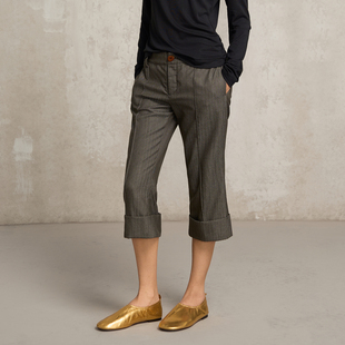 古着感条纹羊毛中裤 裤 木质扣设计七分裤 直筒西装 修身 SoloForTwo