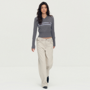 进口软造型肌理直筒裤 SoloForTwo 明线腰带设计白色休闲裤