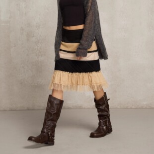 SoloForTwo限量 秋肌理撞色蕾丝下摆花边针织半身裙 古着拼接中裙