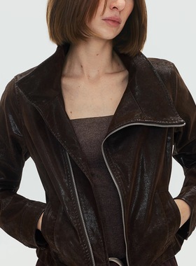 SoloForTwo 利落造型领中古风皮衣 雾面柔光皮斜门襟合体夹克外套