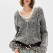 SoloForTwo 磨毛做旧灰色毛衣开衫 粗针麻花连帽拉链外套