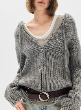 SoloForTwo 磨毛做旧灰色毛衣开衫 粗针麻花连帽拉链外套
