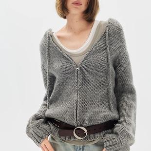 SoloForTwo 粗针麻花连帽拉链外套 磨毛做旧灰色毛衣开衫