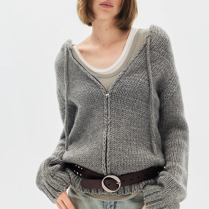 SoloForTwo 磨毛做旧灰色毛衣开衫 粗针麻花连帽拉链外套