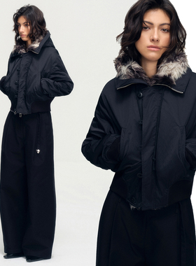 SoloForTwo 古着定制混色毛领棉服 洗水做旧连帽黑色短外套