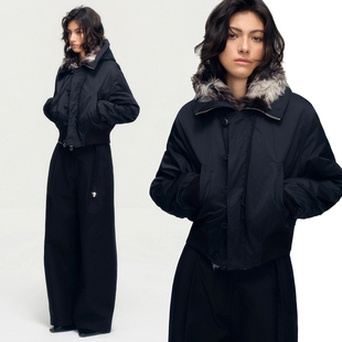 SoloForTwo 洗水做旧连帽黑色短外套 古着定制混色毛领棉服