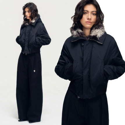 SoloForTwo 古着定制混色毛领棉服 洗水做旧连帽黑色短外套