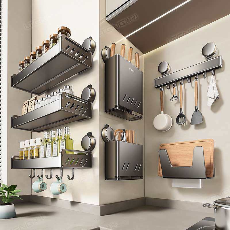厨房枪灰吸盘置物架家用壁挂式免打孔刀架锅盖架调味料收纳架套装,包装,电子元器件包装,淘宝优惠券,粉丝福利购,淘宝优惠卷