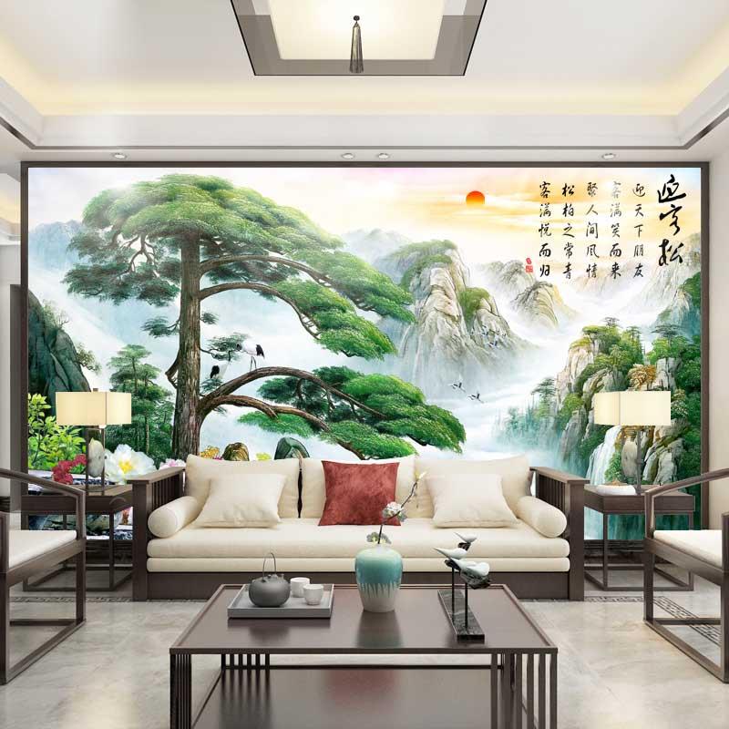 定制中式电视背景墙纸3d立体迎客松办公室墙贴客厅山水风景画自粘