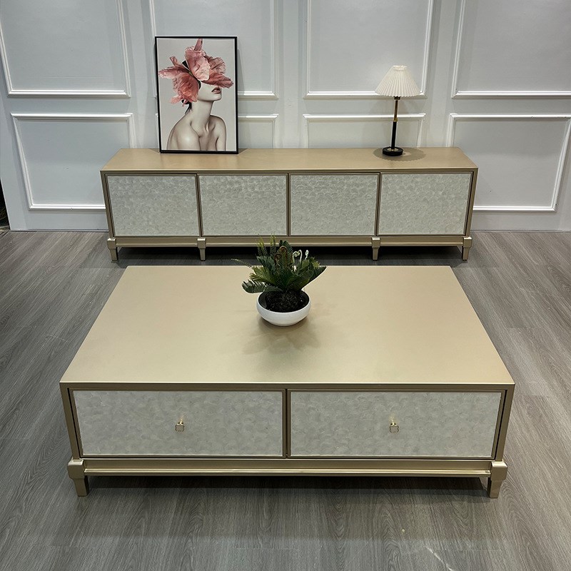 美式电视柜轻奢高级感茶几组合客厅家用高端贝壳实木电视柜