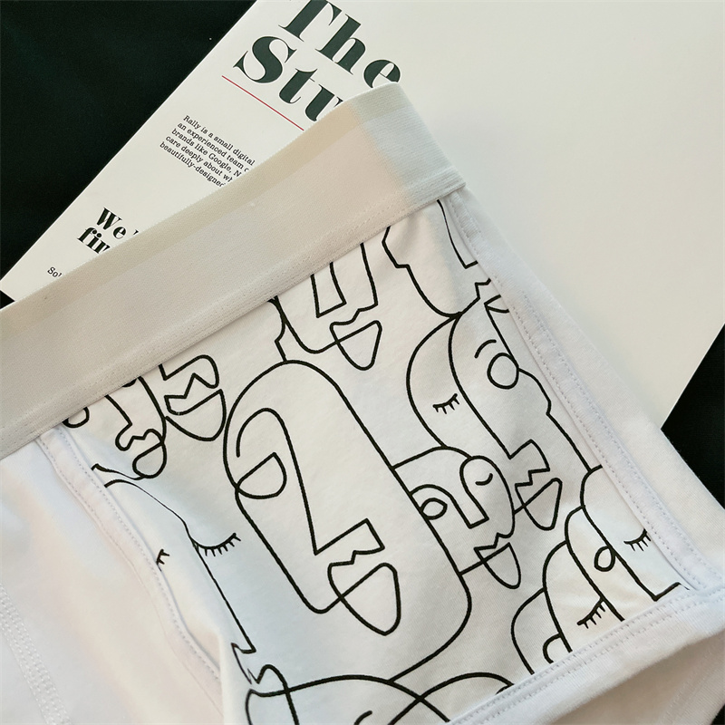 男士白色内裤纯棉舒适平角裤日系文艺涂鸦四角裤个性青年潮流短裤