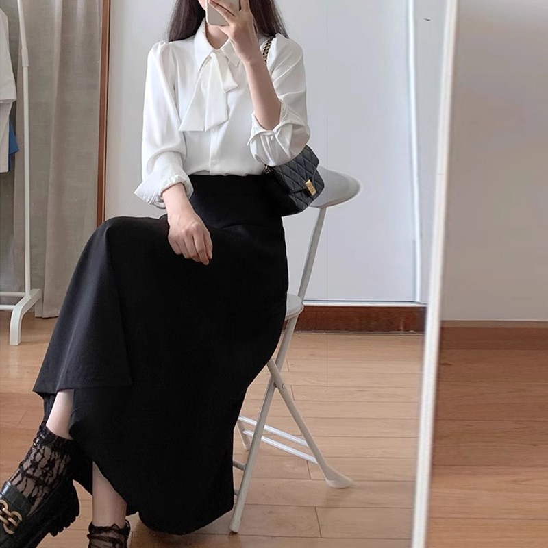 职业通勤时尚套装裙女秋季大码教资穿搭蝴蝶结衬衫面试正装两件套