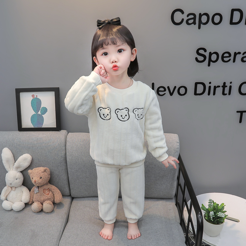 女童珊瑚绒睡衣秋冬季小童法兰绒加绒冬款两件式婴儿套装宝宝家居