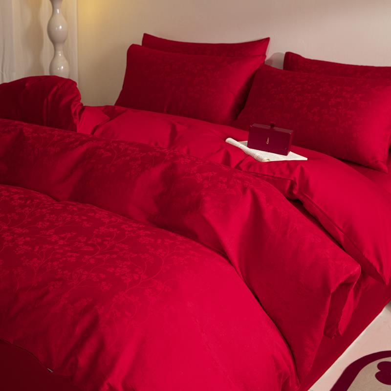 A类母婴级100支长绒棉婚庆四件套大红色床单贡缎被套结婚床上用品
