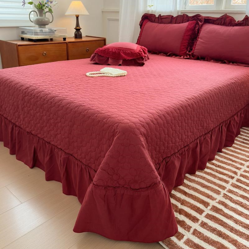 法式酒红色全棉夹棉床盖四件套公主H风褶皱被套结婚庆床单床品
