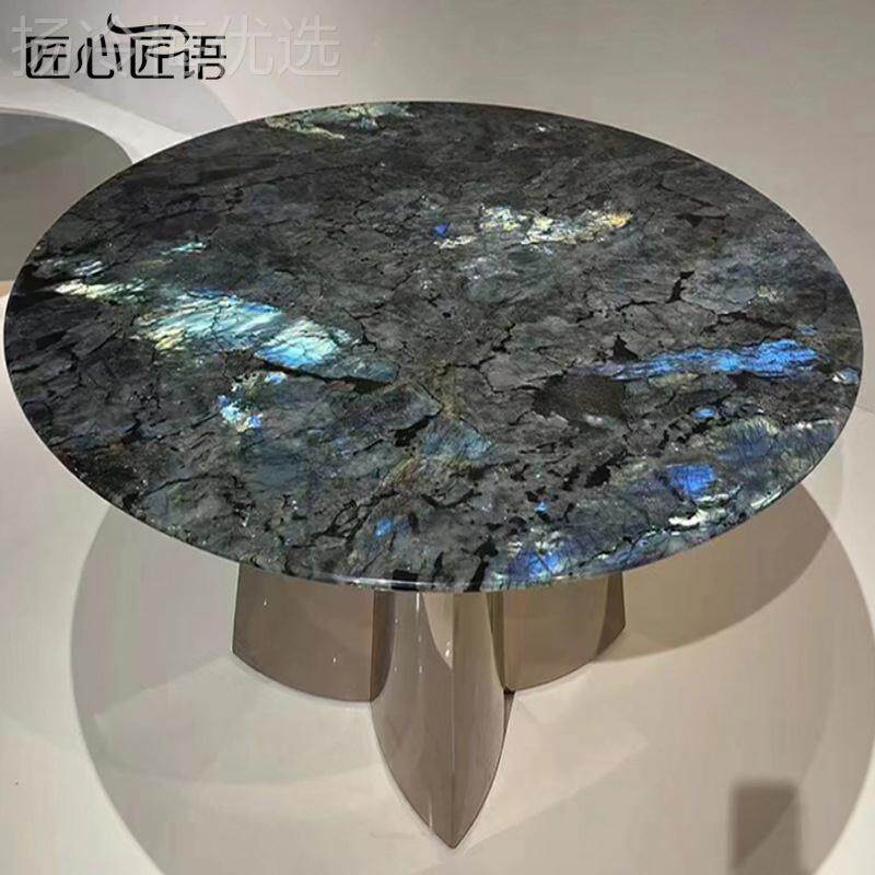 蓝翡翠天然大理石SKW圆转形餐桌轻微晶奢石盘现代家用不锈钢石饭