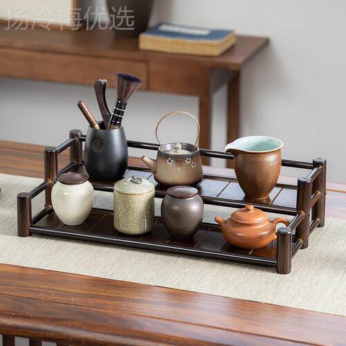 层茶杯架子MLI茶收纳架竹架杯架复多古中式摆具放壶展示架茶杯置