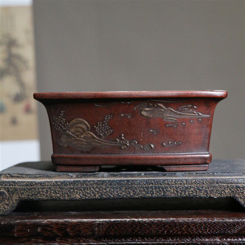 紫砂花盆多肉桌面陶瓷绿植老桩盆景复古古典泥绘手工深大长方包邮