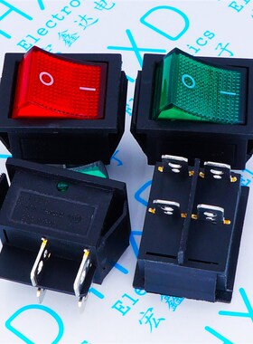 31x25mm KCD4-201 4P船型开关 4脚2档 带灯 16A 250V 红色/绿色
