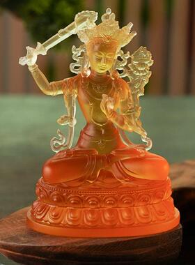 纯手工琉璃佛像 文殊菩萨坐像中式风格家庭供奉迷你佛像 客厅装饰