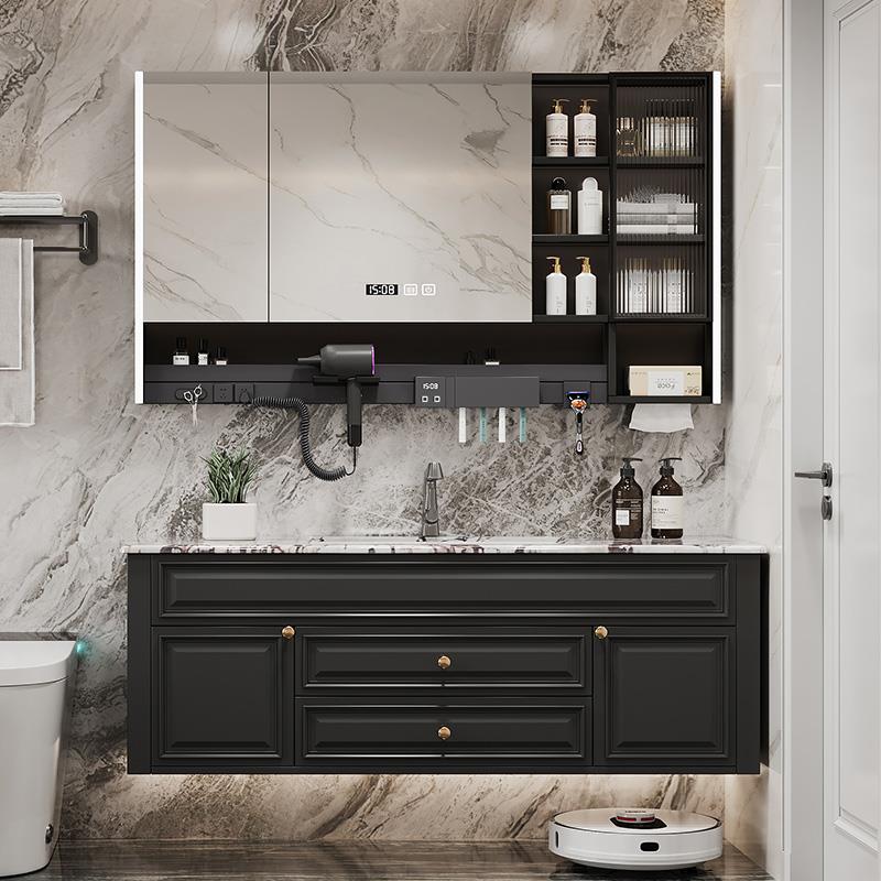 法式浴室柜组合复古洗漱台镜柜带插座中古风卫生间奢石洗手洗脸盆