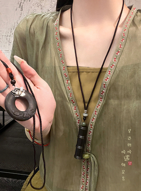 复古黑檀木竹节可打开嘎乌盒新中式民族风长款项链毛衣链挂件配饰