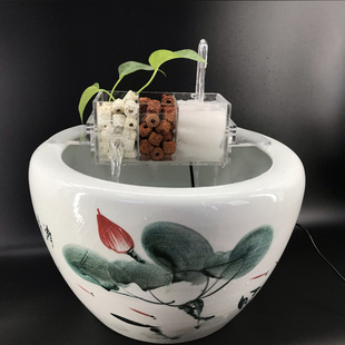 创意陶瓷金鱼缸内置过滤器圆形龟鱼缸低水位瀑布增氧循环过滤器