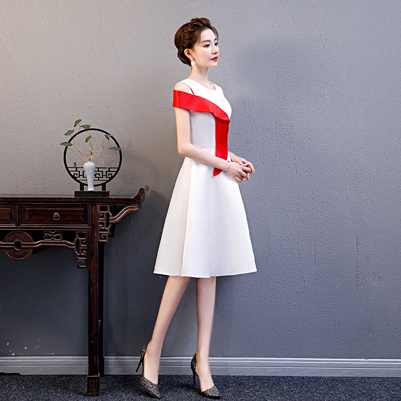 小晚礼服裙女白色礼仪服装学生颁奖演讲比赛朗诵合唱团演出服主持