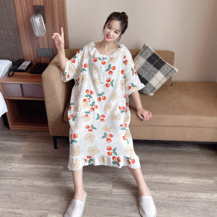 套头孕妇家居服睡衣 可爱全棉短袖 双层棉纱布大码 胖mm睡裙女夏薄款