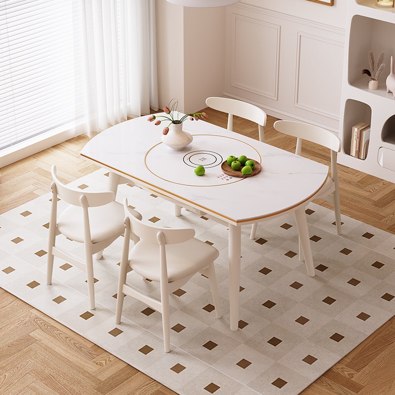 多功能岩板餐桌椅组合轻奢家用小户型内嵌转盘伸缩圆形饭桌奶油风