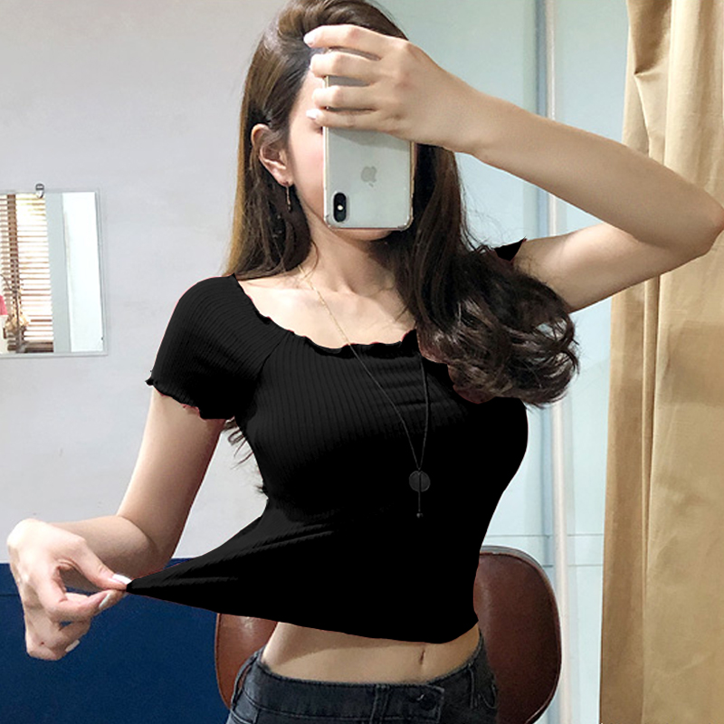 红色短款一字肩高腰上衣女性感锁骨紧身短袖T恤针织衫2020年夏季