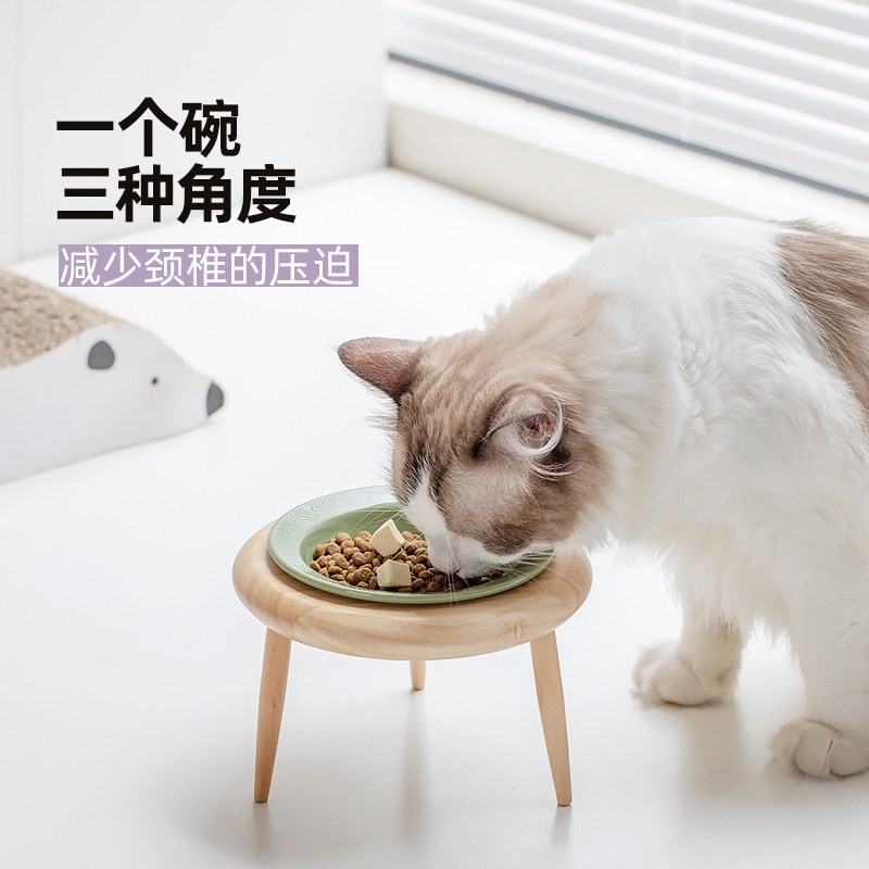 韩国bd飞碟碗平替陶瓷宠物猫碗高脚斜口狗盆水碗食盆橡木架护颈椎