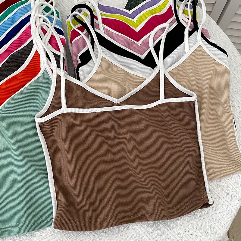 欧美风性感百搭撞色边v领修身显瘦弹力吊带背心内搭打底衫上衣女