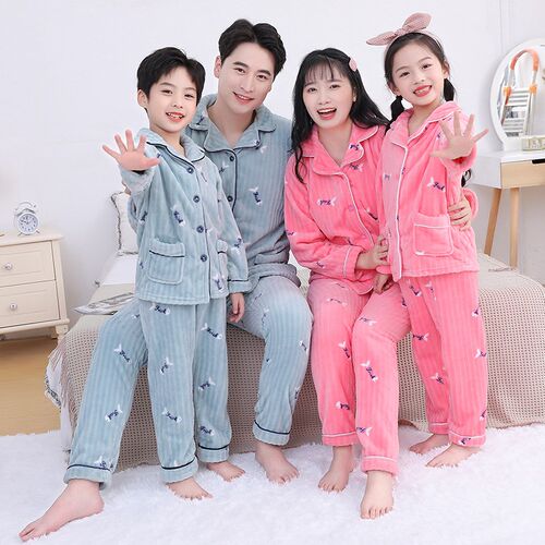 儿童珊瑚绒睡衣男女童春秋亲子一家三口法兰绒加厚宝宝家居服套装