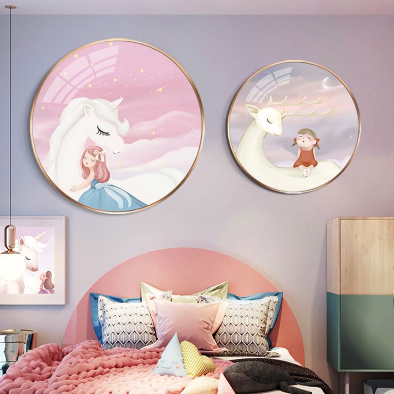 儿童房装饰画公主房圆形床头女孩房间卧室床头背景墙挂画卡通壁画图片