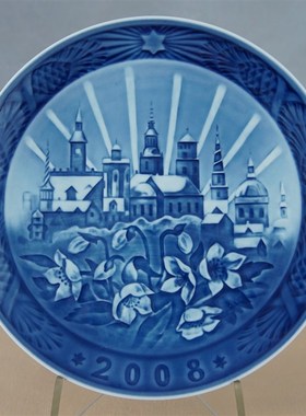 西洋收藏丹麦哥本哈根1989-2008蓝色圣诞主题盘生日盘摆件送支架