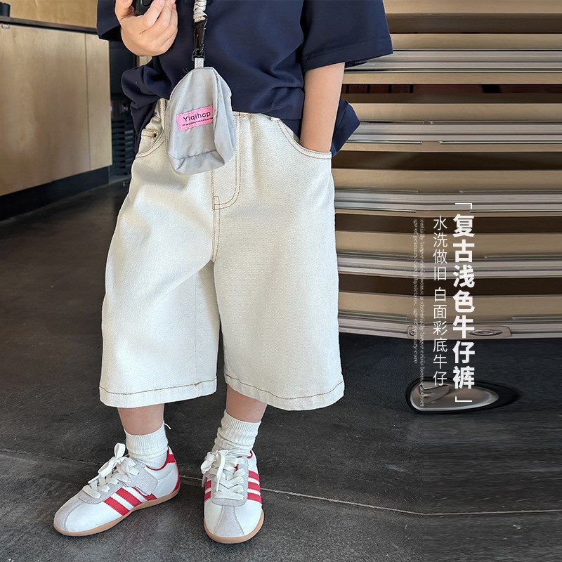 小杰家男童砂洗浅色复古牛仔短裤女童宽松帅气五分裤潮