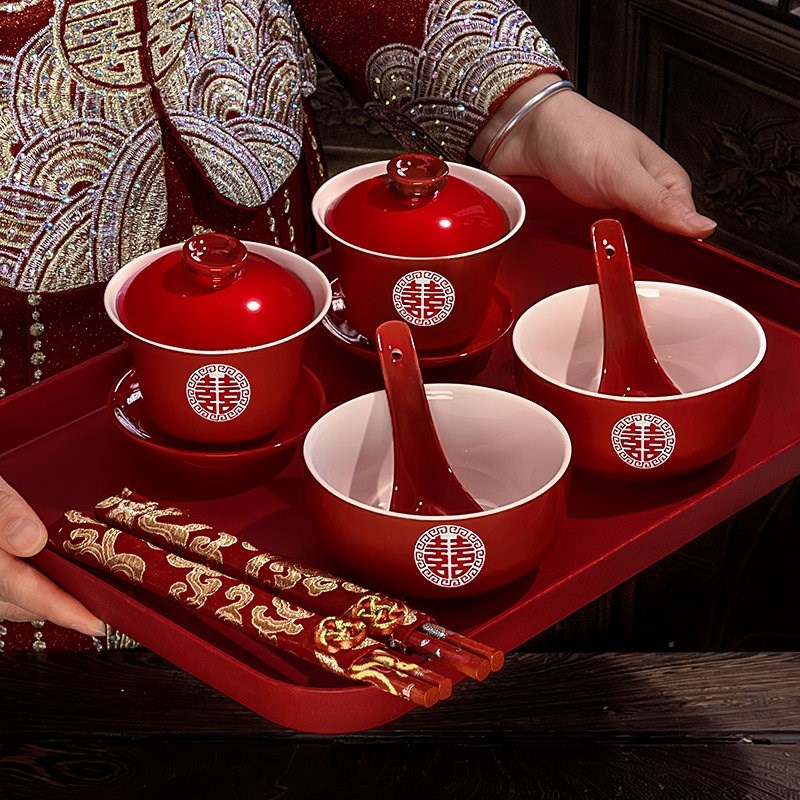 景德镇敬茶杯子喜碗结婚礼喜事红色改口盖碗茶具对碗筷套装陪嫁用
