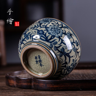 手绘莲花功夫茶杯 景德镇柴窑青花老陶泥主人杯 内绘陶瓷品茗杯单