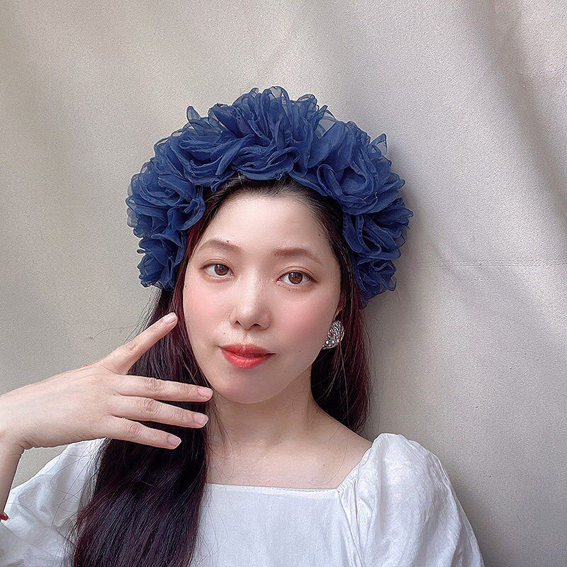 森林风格墨水蓝色丝绸花发带妇女的高头骨甜花发夹宽沿t台发带度