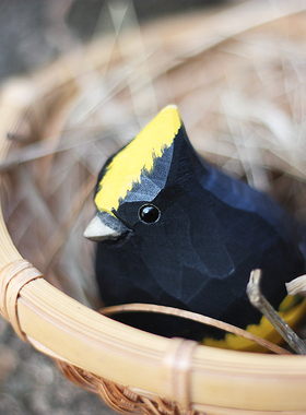 鹿妖商店 肥啾鸟木雕 冕雀 黄鬃鸟 黑鸟 手工实木摆件 黑黄小胖鸟