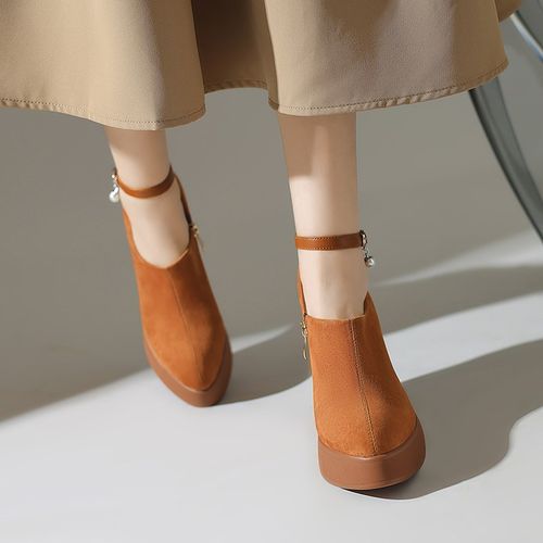 葡萄家手工女鞋10.5cm坡跟高跟羊反皮尖头时尚春秋新款厚底女单鞋